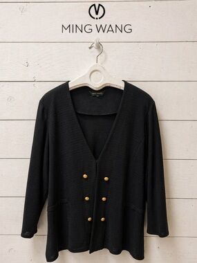 MING WANG Black Textured Knit Jacket Gold Buttons Size 3X (Estimated)
